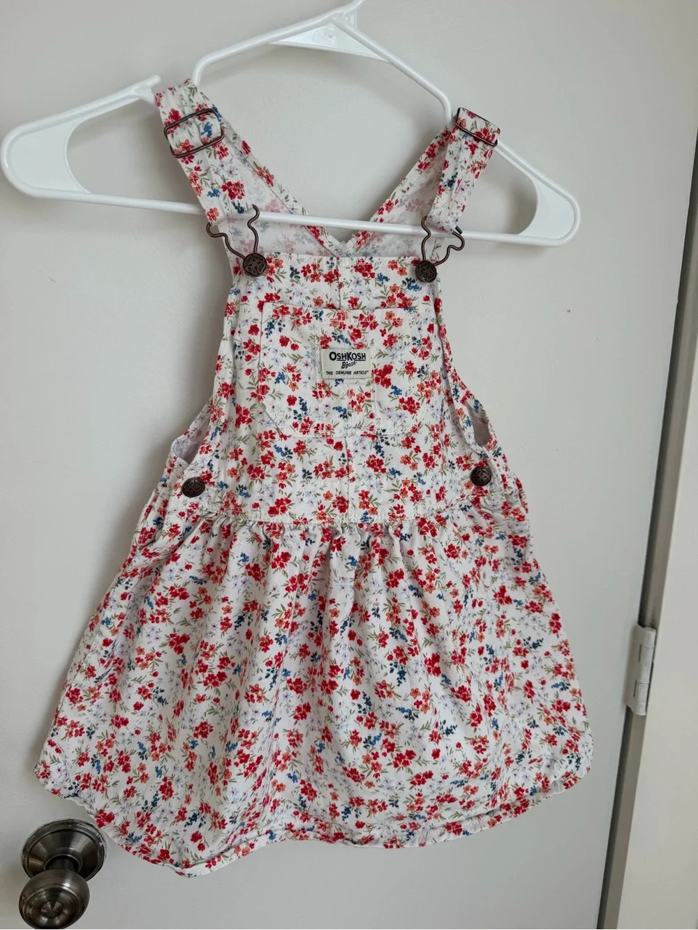 OshKosh B'gosh White Floral Cotton Overall Dress with Red & Blue Flowers